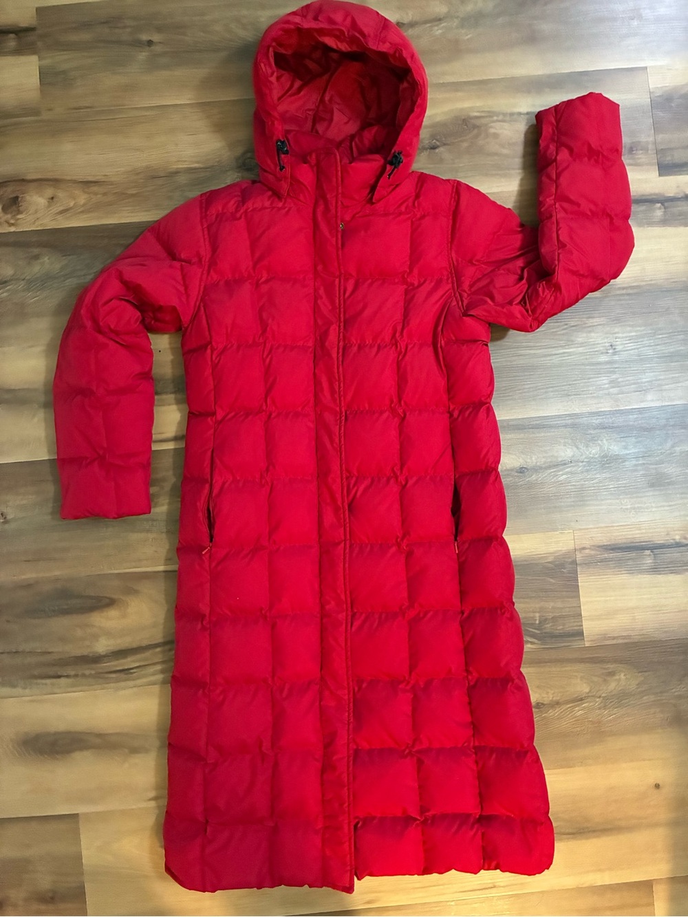 Lands End Down filled Long Red Hooded Puffer Coat